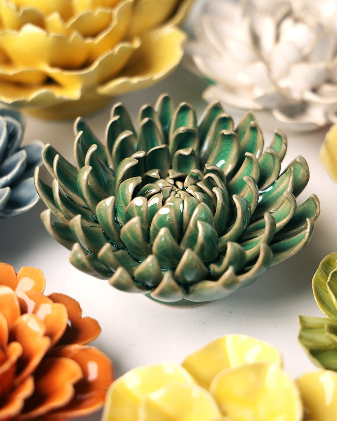 Jungle Green Pompom Mum - Chive Ceramics Studio - Ceramic Flowers - Chive Ceramics Studio