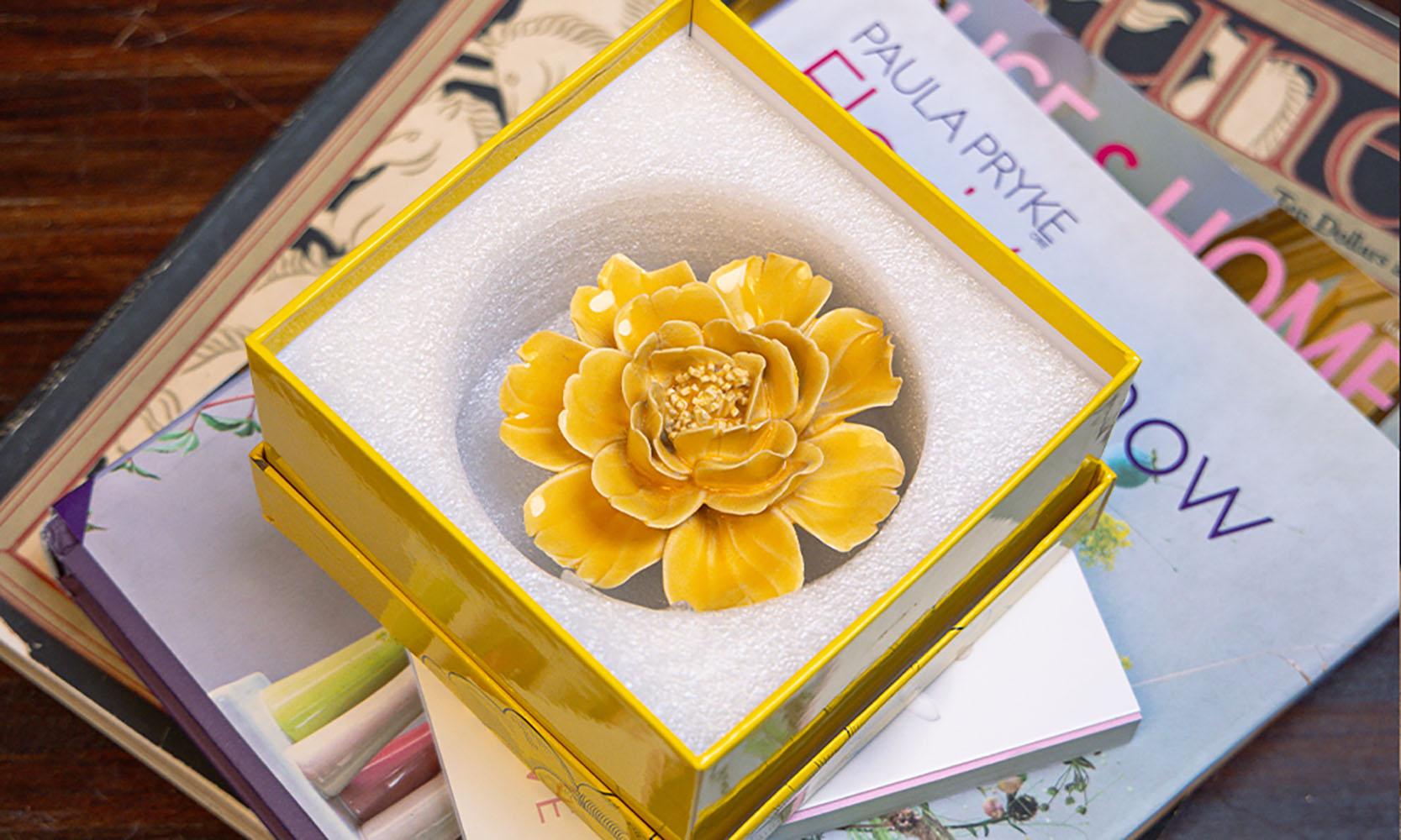 Ceramic June birth flower yellow rose in a gift box by Chive Ceramics