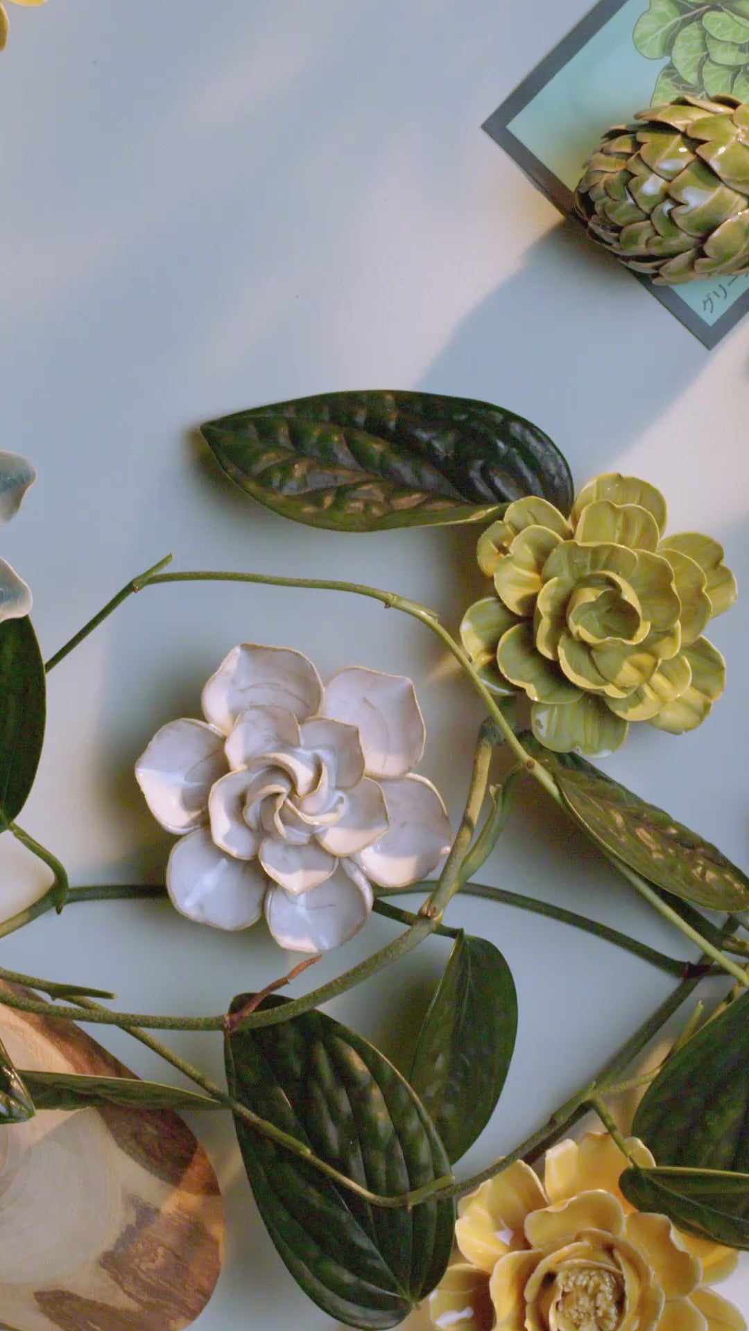 Avocado Green Unicorn Zinnia Ceramic Flower | English Garden