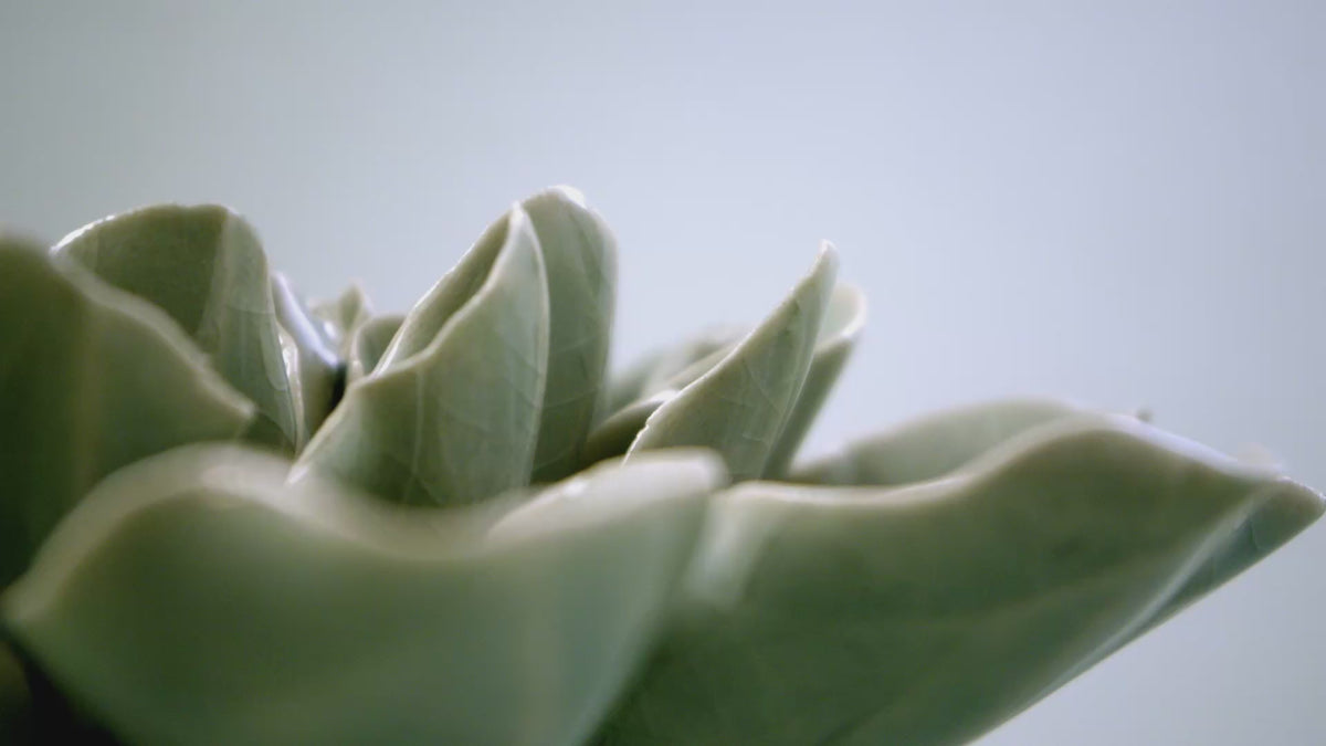 Macro footage of a hand-glazed blue ceramic wall flower rotating to show petal depth and glaze — blue wall art on one screw.