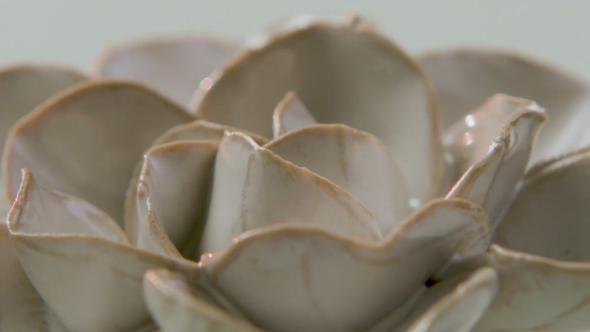 coastal ceramic flower spinning in macro — coastal wall decor in hand-glazed ceramic.